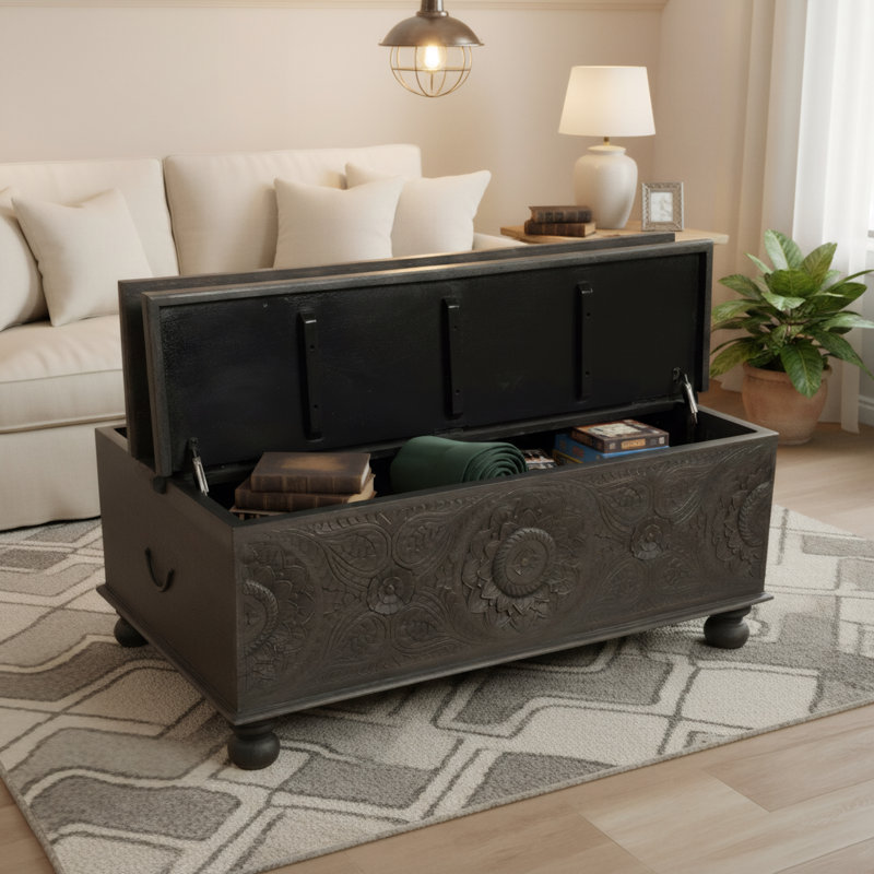 Table basse à plateau relevable en bois massif avec rangement Harleen, Noir
