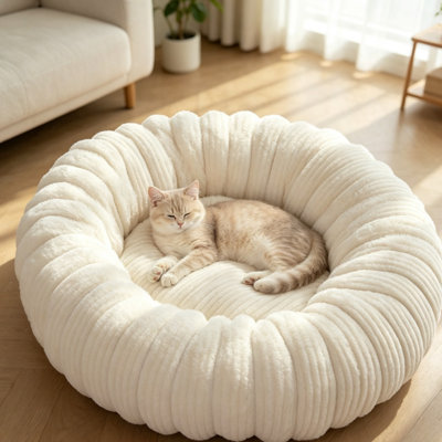 Lit pour animal de compagnie rond en peluche côtelé avec beignet, nid de chat et de chien très doux et moelleux et apaisant, lit pour animaux de compagnie pour animaux de compagnie