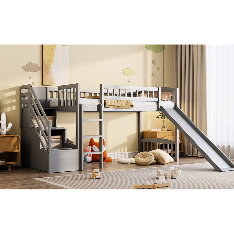 Stairway Twin Gray Loft Bed, Two Drawers, Slide, Maximized Space Utilization, Pine Frame, Suitable For Bedroom Size Bed With Drawers And Solid Construction, Convertible Slide Placement, Some Assembly