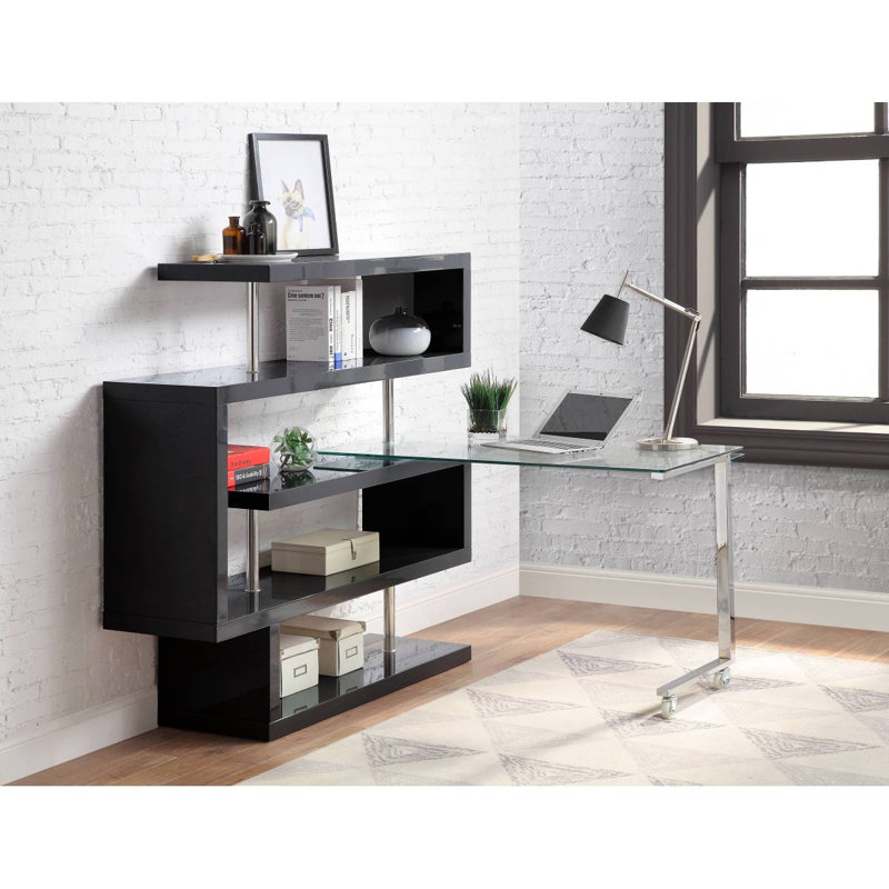 Bureau en verre transparent avec finition chromée ultrabrillante et tablette, Noir