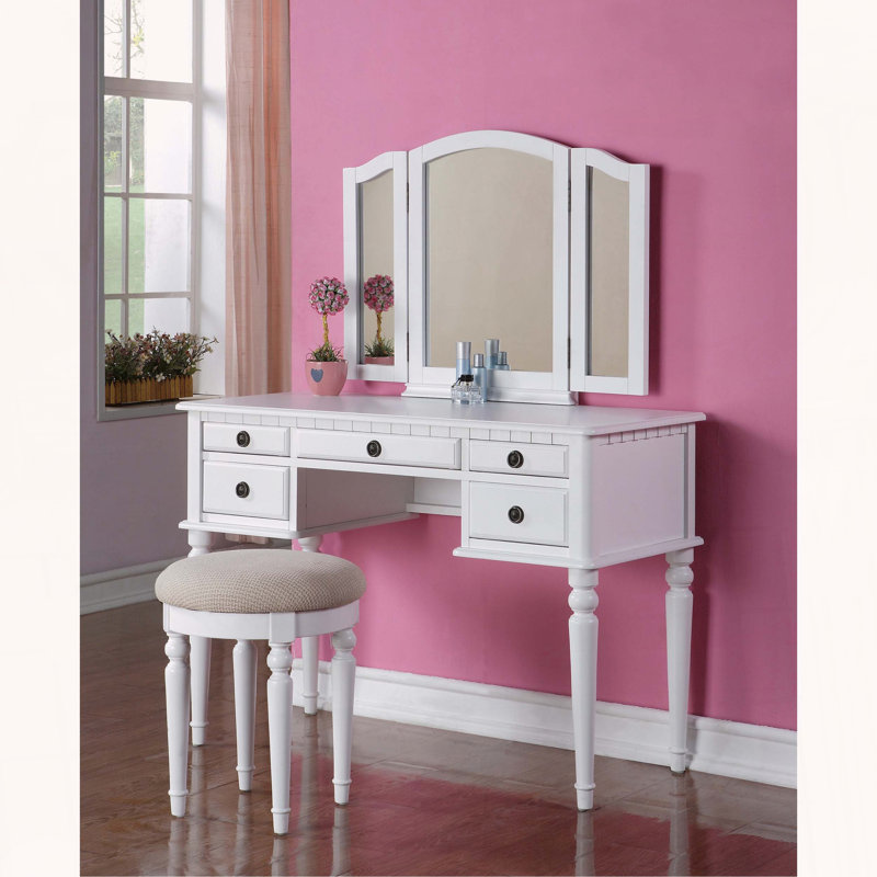 Ensemble coiffeuse contemporaine avec miroir pliable et tiroirs, Blanc