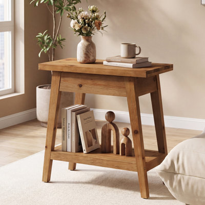 Table de bout rectangulaire en bois massif à 2 niveaux avec rangement, table de bout rectangulaire pour salon, chambre à coucher
