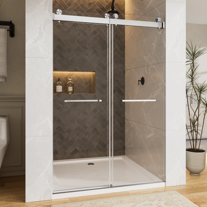 56-60 " W X 76 " H Double Sliding Frameless Shower Door 5/16" Tempered Glass with Explosion-Proof Film, Stainless Steel Hardware, Brushed Nickel