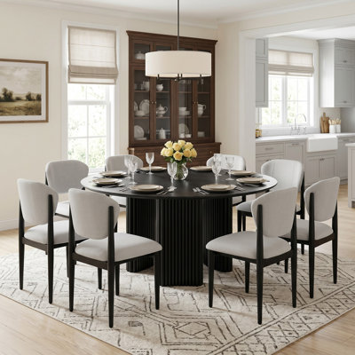 60" Solid Wood Round Dining Table Set With 8 Fabirc Upholstered Dining Chairs Modern Three-Leg Dining Set For Seats 8
