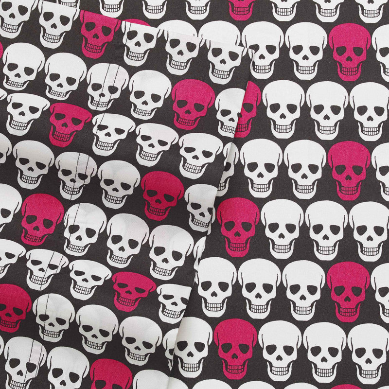 Betsey Johnson Printed Novelty Sheet Sets, Skulls Pink, Queen Sheet Set with 2 Standard Pillowcases