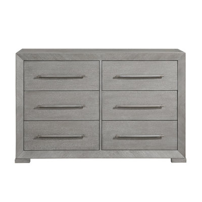 Commode grise élégante à 6 tiroirs, commode de rangement contemporaine en placage de chêne gaufré avec poignée en bois gris