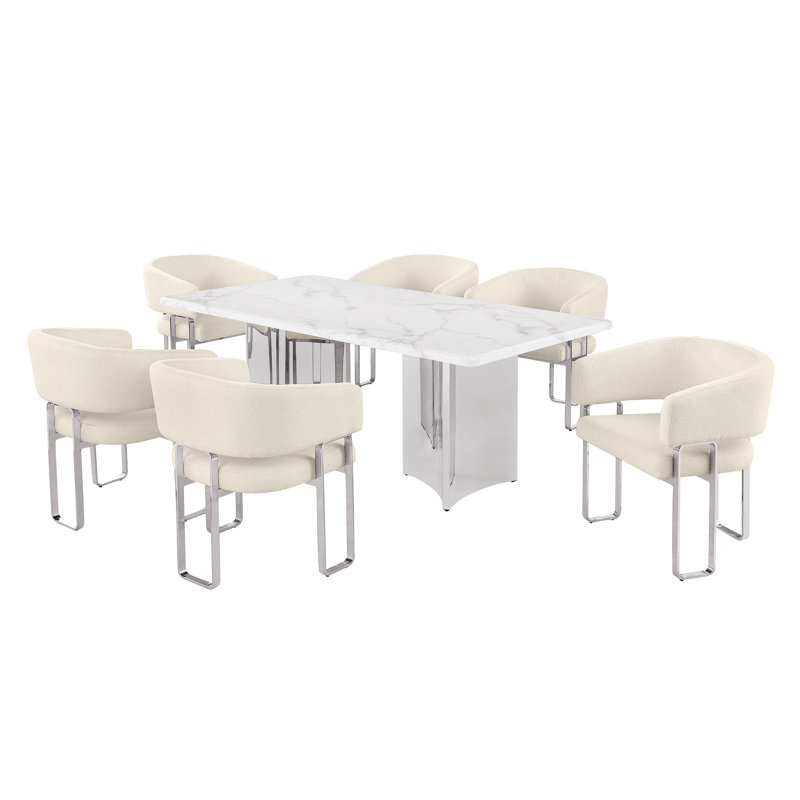 Ensemble de salle à manger Grand White, Crème, 72 po L x 40 po l (7 pièces), Argent argent