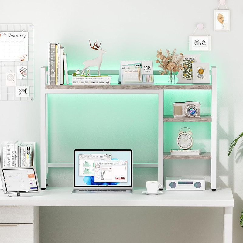 Desk Hutch With Colourful RGB Lights, 4 Tier Desktop Shelf For Max Computer Monitor, Desk Organizer Shelf For Tidy Storage Display, Desktop Bookshelf For Home, Office, Dorm, Gaming Table, Kitchen