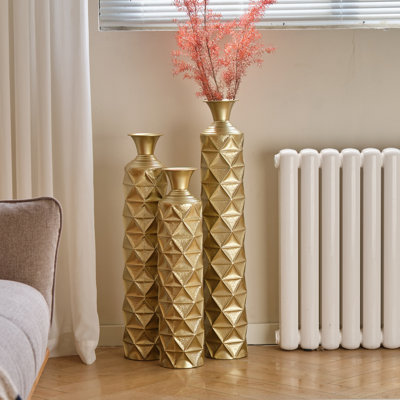 Ensemble de 3 vases de plancher semi-faits à la main en métal, vases à motif géométrique plaqué or 33,5 / 29,5 / 25,2 pouces pour le salon, l'entrée et le bureau
