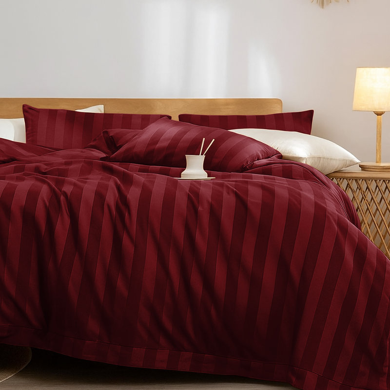 Microfiber Striped Duvet Cover Set with Matching Pillowcases & Fitted Sheet, Burgundy Striped