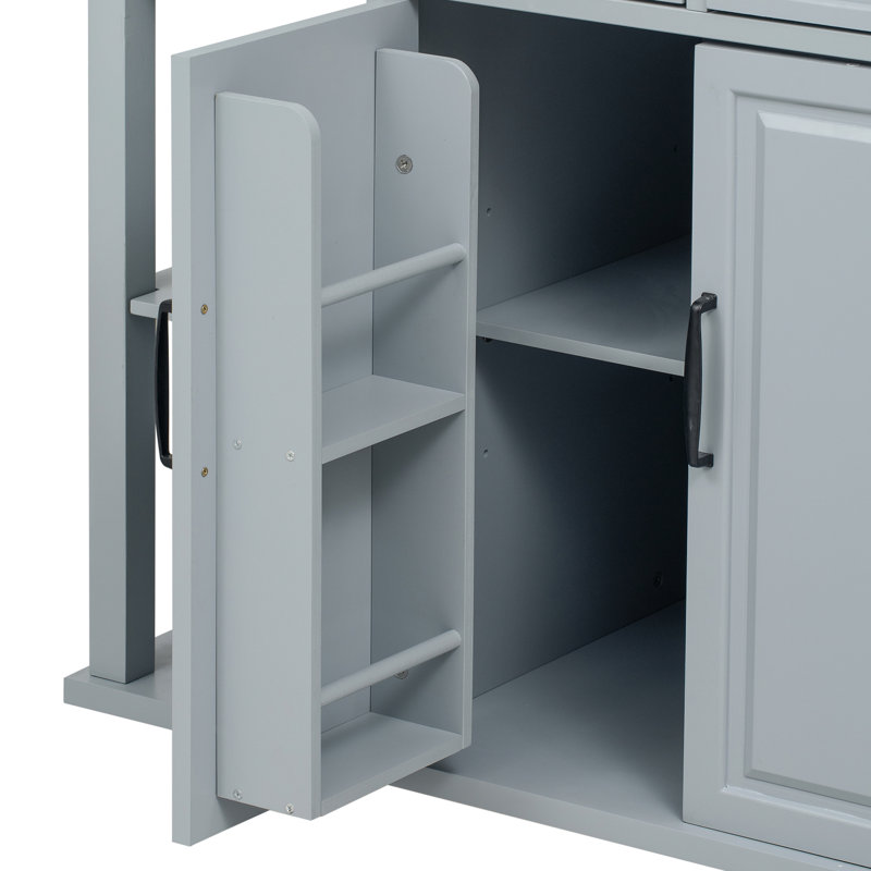 Kitchen Island With Rubber Wood Veneer, Extendable Table, 2 Drawers, Cabinets, Internal Storage Rack, Power Outlet, 6+2 Wheels, Mobile Design In Grey Blue, Ample Storage, Full - Extension Rail, Ac