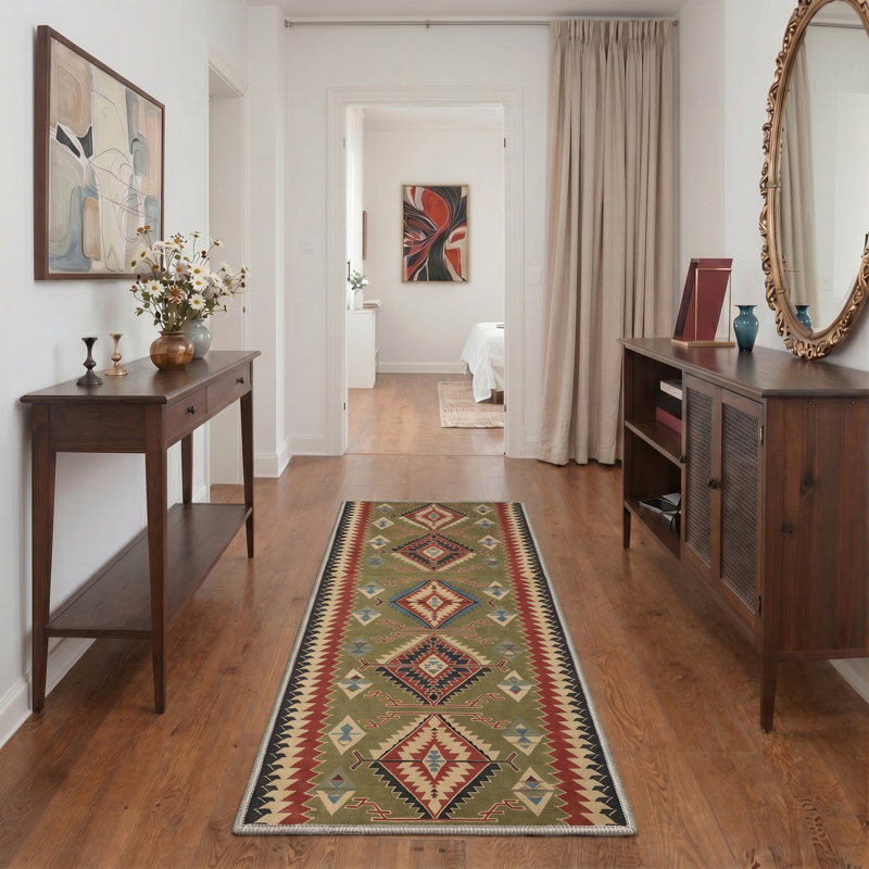Abrahamson Bohème Geometric Machine Washable Red / Black / Beige Indoor Area Rug with Non-Slip Backing, Runner 2'6" x 8'