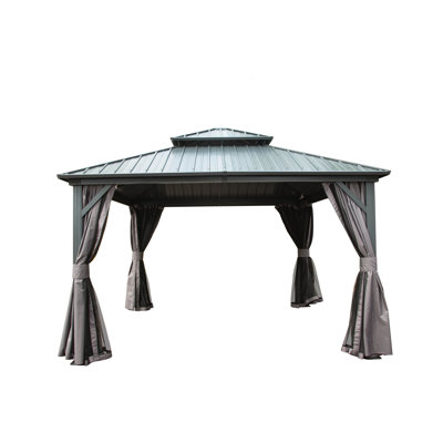 12' X Gazebo With Galvanized Steel Double Roof Canopy For Patio, Backyard, Deck, Lawn - , Weather-, Gray And Privacy Curtain For