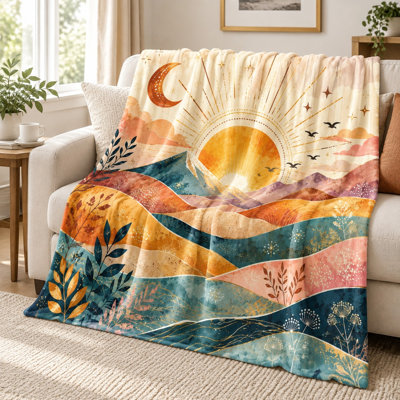 Couverture en flanelle imprimée paysage abstrait de montagne, soleil et lune - Conception bohème céleste, chaude et confortable, légère, respirante, utilisable en toutes saisons, jeté décoratif pour canapé, salon ou chambre
