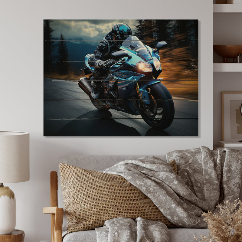Symphonie de motos bleues et jaunes sur bois, H 10 po x l 20 po x P 0,78 po