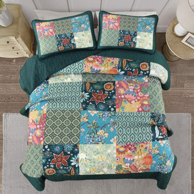 Set of 3 Patchwork Quilt Set, Bohemian Floral Bedspread Coverlet Set, Soft Microfiber Vintage Quilted Bedding for All Season