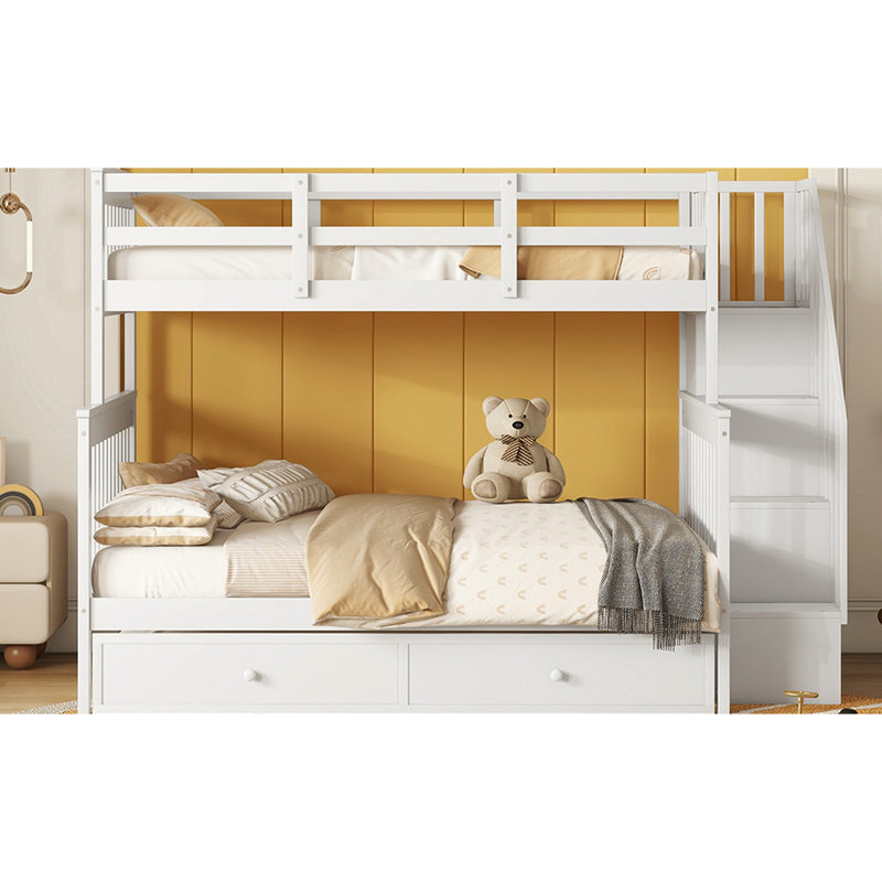 Lit superposé simple blanc avec lit gigogne simple et garde-corps, options de rangement - lit en bois massif pour lit gigogne, adultes fonctionnels