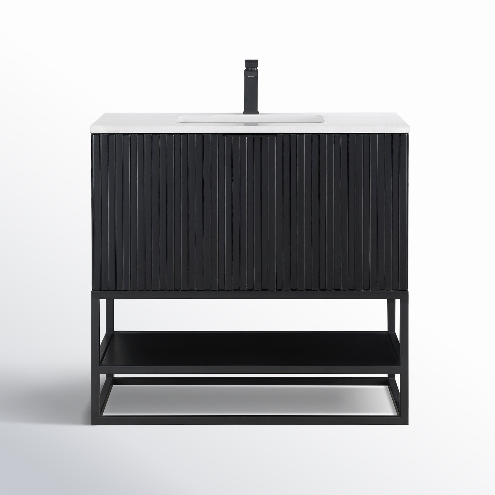Terra 36" Carrara Marble Single Bathroom Vanity, White Quartz/Single Faucet Mount, Midnight Black, Matte Black