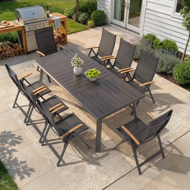 8 - Person Outdoor Aluminum Dining Set With Folding Reclining Armchairs, Black