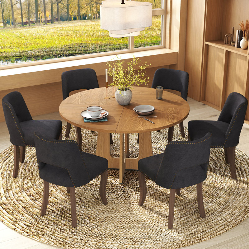 Ensemble de table ronde 47 po avec chaises 4/6 rembourrées, finition chêne / noyer / marbre pour la cuisine de la salle à manger