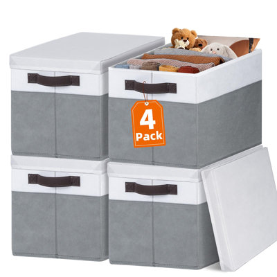 4 Pack Lidded Large Storage Bins Stackable for Closet Nursery Bedroom Dorm Organizer for Clothes Toys Blankets Books