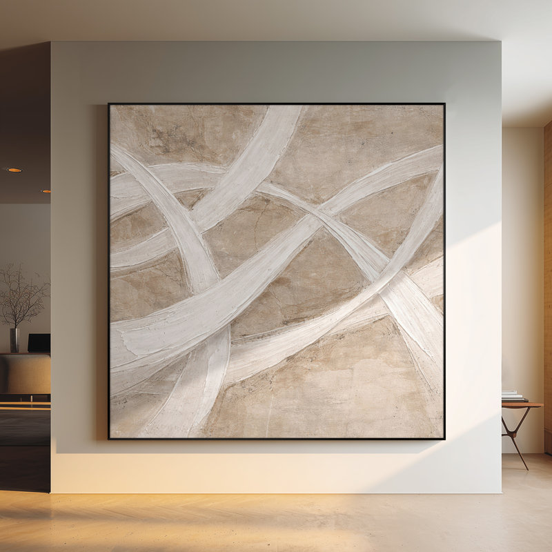 Très grand art mural imprimé sur tissu - Lignes abstraites beiges, décoration de salon minimaliste - «Assemblage requis du cadre (cadre non fini)»