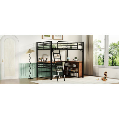 Lit mezzanine double en métal avec bureau en L et tablettes à 3 couches, noir. Rehausseur de style de chambre à coucher. Construire. Assemblage facile. Maximise le coin lecture des tablettes noires utilitaires pour la détente. Cozy Retreat.