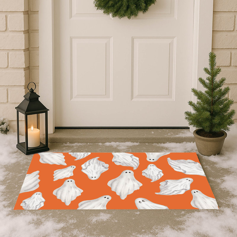 Tapis de porte extérieur Spooky Ghost, Orange, L 21 po x L 34 po