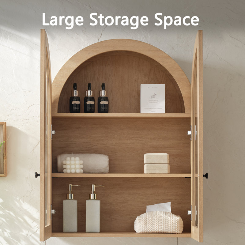 Modern Arched Cabinet Wall Mount with Adjustable Shelf & Glass Doors, Natural Oak, Natural