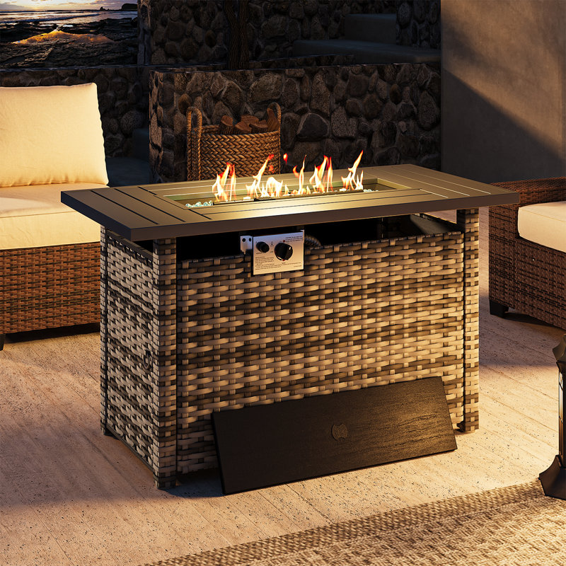 Outdoor Propane Gas Fire Pit Table,  50,000 BTU Rectangular Rattan Fire Pit with Lid, Hidden Tank Storage, Gray