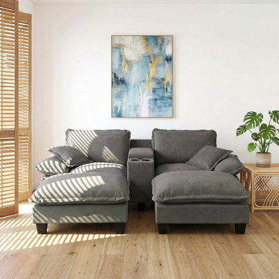 Modular Cloud Couch, Sailboat Sofa With Cup Holders & Storage, USB Port, 2 Ottomans & 2 Pillows, Chenille