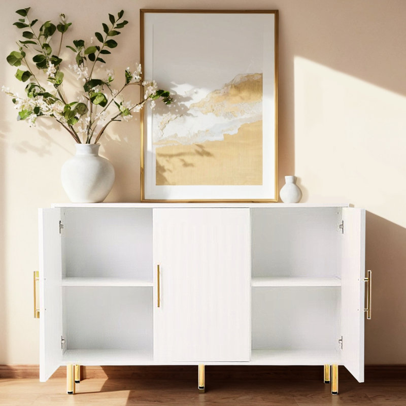 53.52" W White Sideboard With 3 Doors. Gold Handles And Fluted Doors For Dining, Living, Kitchen Buffet Handles. Storage Various Styles. Door Style