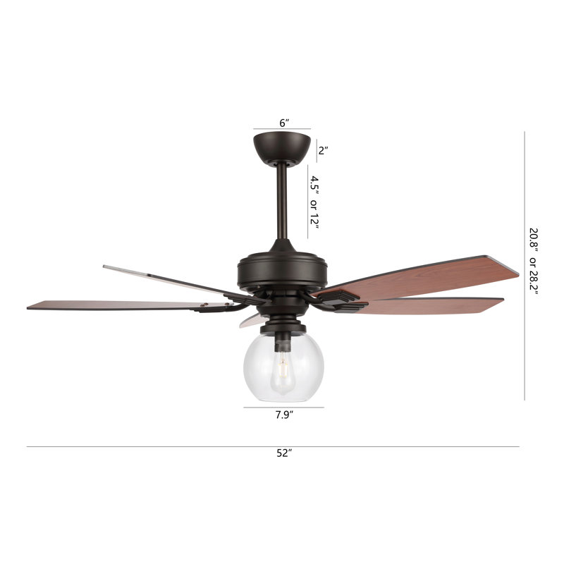 52" Alzata 5-Blade Standard Ceiling Fan with Remote Control and Light Kit, Bronze, Clear Glass