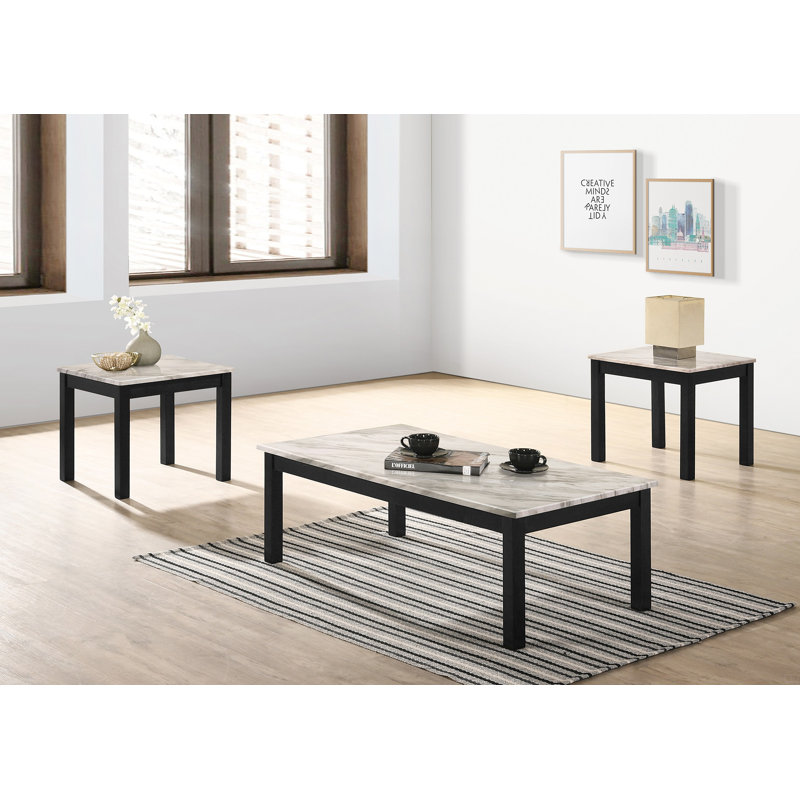 1 table basse et 2 tables de bout 3 pièces ensemble de tables basses pieds noirs, Blanc