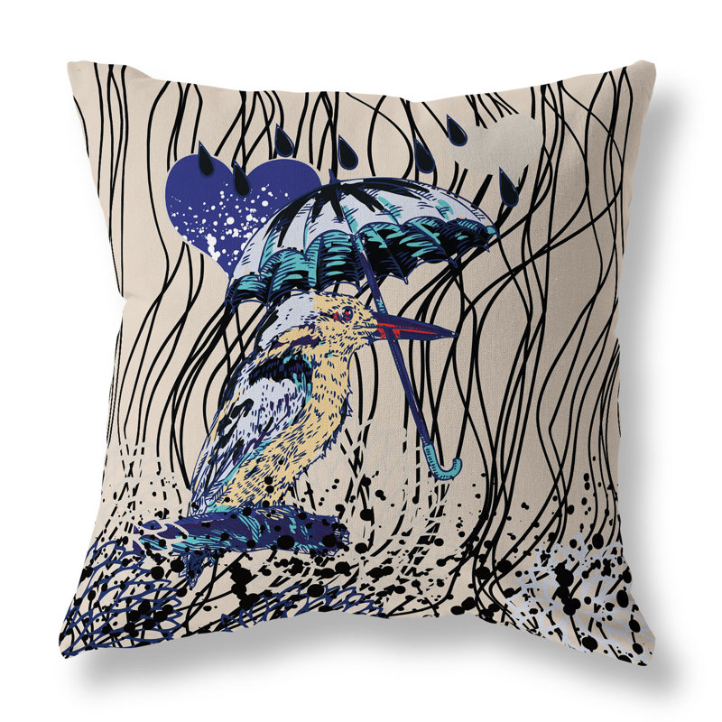 Coussin décoratif réversible Bird / Umbrella, H 16 po x l 16 po, Bleu / beige