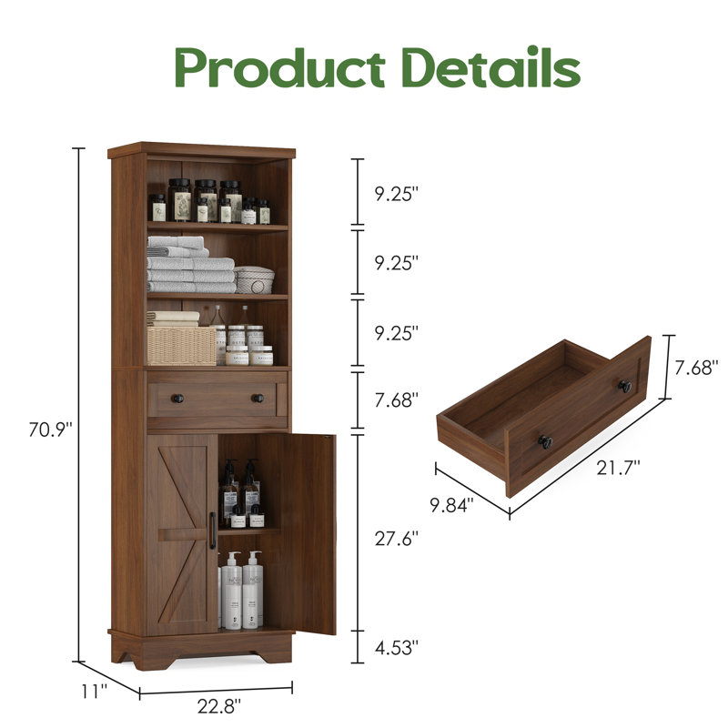70.9" Farmhouse Tall Storage Cabinet with Drawer and Doors, Wooden Freestanding Bathroom Organizer with Open Shelves for Small Spaces