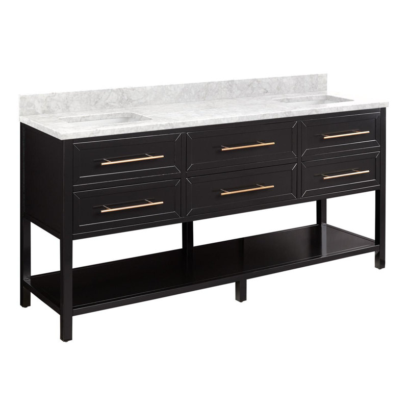 72" Robertson Double Bathroom Vanity Set with Rectangular Undermount Sinks, No Drillings, Carrara Marble, Black