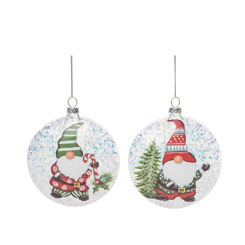  Glass 4.5 in. Multicoloured Christmas Painted Gnome Round Ornament Set of 2