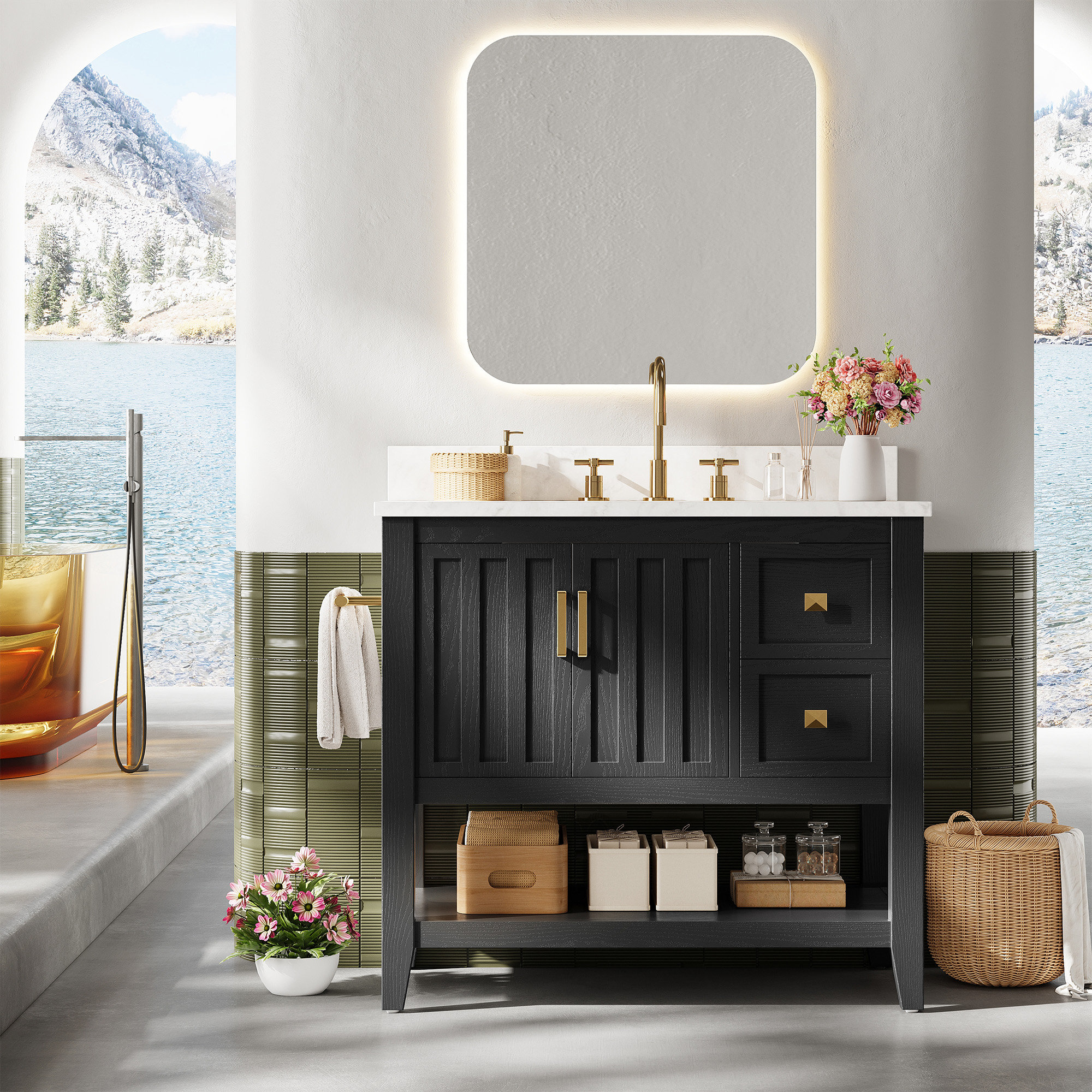 Bathroom Vanity With Sink, Bathroom Cabinet With Drawers And Storage,Quick Installation