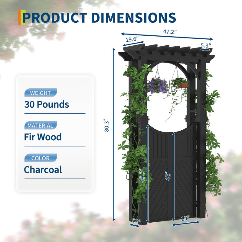 Wood Garden Arbour Trellis with Gate for Yard, Garden Decor, Grey