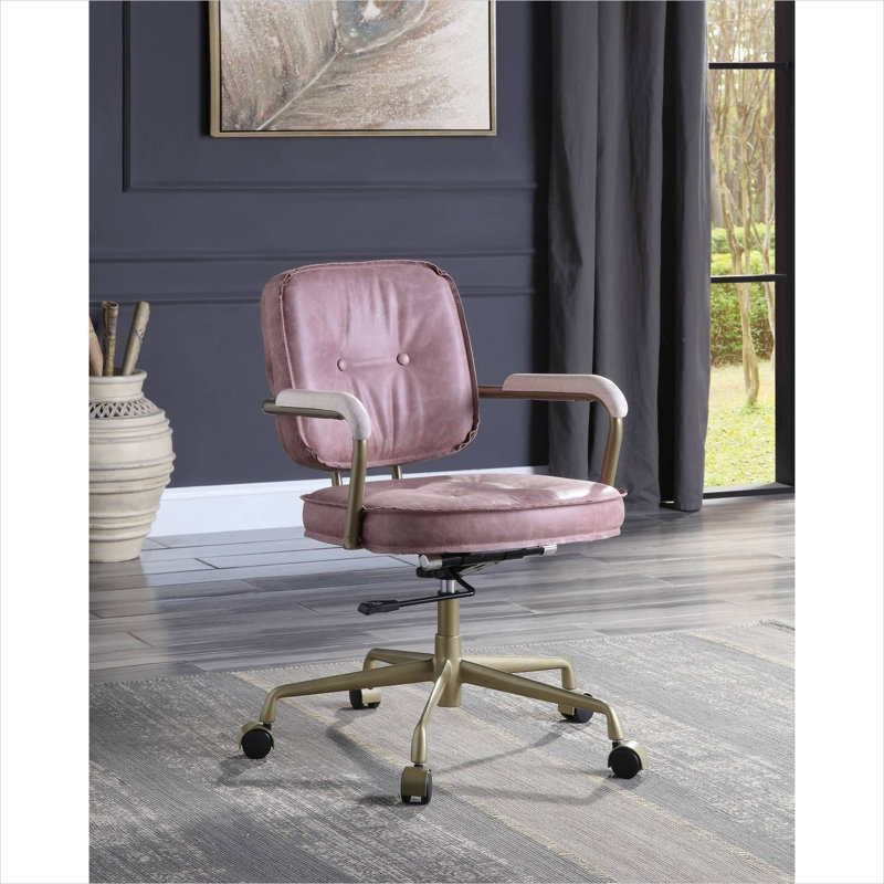 Soft Pink Genuine Leather Task Chair with Adjustable Height 360-Degree Swivel for Home Office Use