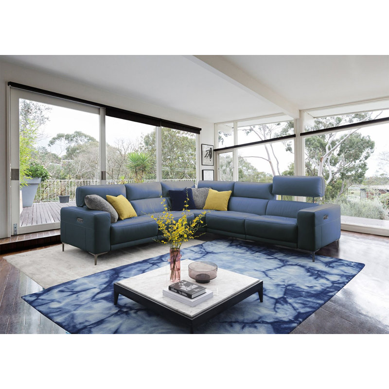 Upholstered Power Reclining Curved Sectional Symmetrical, Blue Genuine Leather