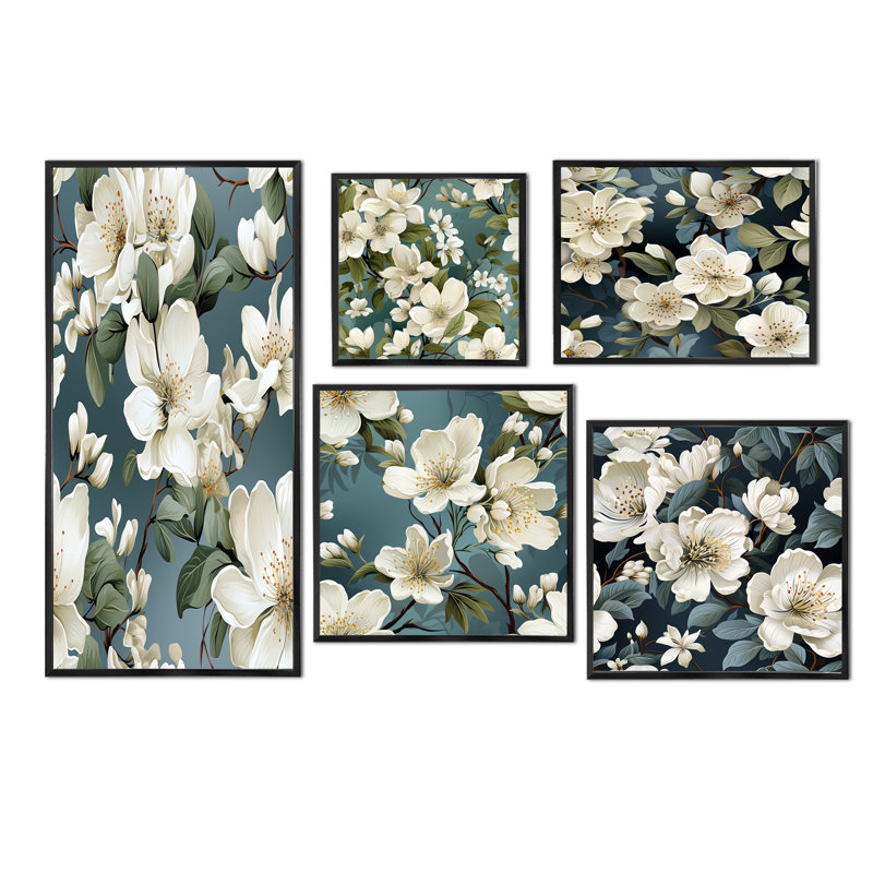 Shelva - ensemble d'art mural en toile florale sur 5, Cadre flottant noir