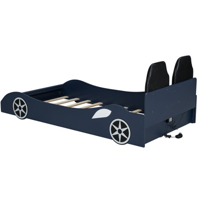 Lit de voiture de course simple bleu avec structure en bois et DEL - temps de repos confortable