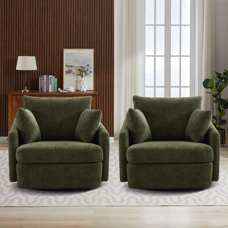 Upholstered Swivel Chair With 2 Side Pillows (set Of 2), Green Chenille