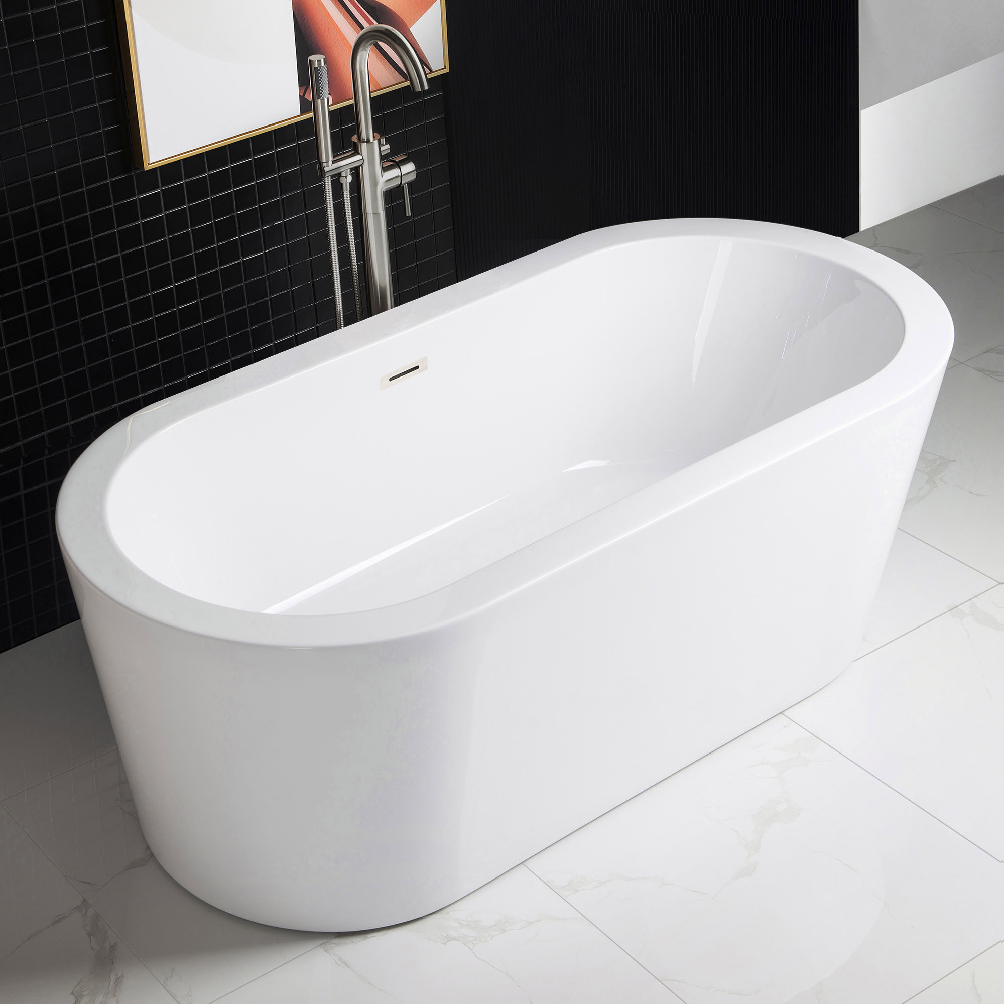 66.38" x 31.75" Freestanding Soaking Acrylic Double Ended Bathtub with Wide Rim, Brush Nickel