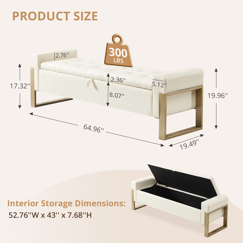 Upholstered Flip Top Storage Bench With Metal Feet, Beige
