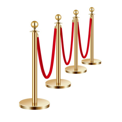 Gold Velvet Rope Stanchions 4-Pack, 35.04in Height, 201 Stainless Steel, 4-Piece Set, Velvet Rope Barrier, Gold, Sand-Fillable Hollow Base with 3 Ropes