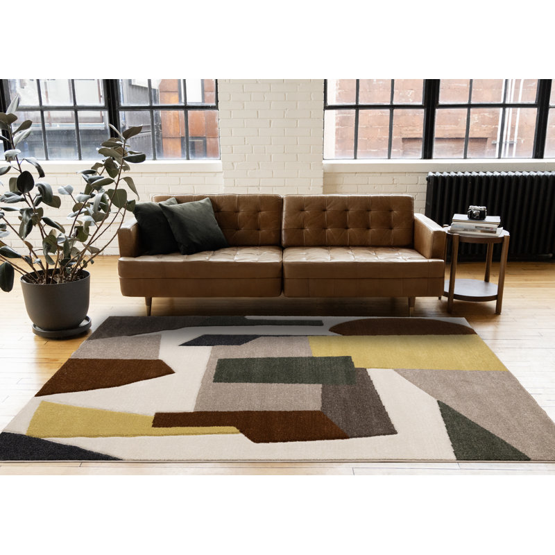 Tapis d'intérieur moderne géométrique blanc contemporain, 5 pi 3 po x 7 pi 7 po