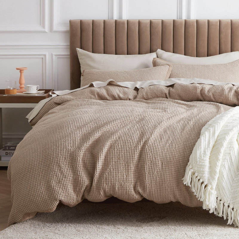 Essential Collection 100% Cotton Waffle Weave Duvet Cover Set, Khaki, California King Duvet Cover + 2 King Shams
